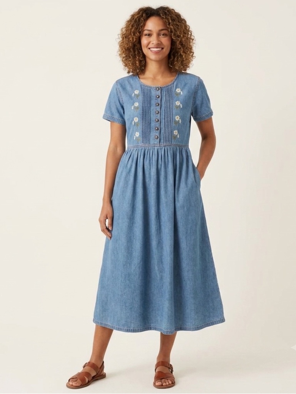 Vintage 90s Petite Sophisticate Blue Denim Dress with Floral Accents size medium
